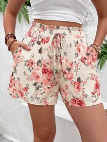 Breezaya Women's  Cream Base Pink Rose Cottagecore Summer Floral Shorts, Ruffle Elastic Waist Drawstring Side Pocket Light Casual Bermuda Pants Beach Vacation - Apricot - View 3