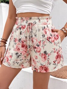 Breezaya Women's  Cream Base Pink Rose Cottagecore Summer Floral Shorts, Ruffle Elastic Waist Drawstring Side Pocket Light Casual Bermuda Pants Beach Vacation - Apricot - View 6