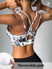Core Rhythm Floral Print Cut Out Back Sports Bra - Dark Grey - View 5