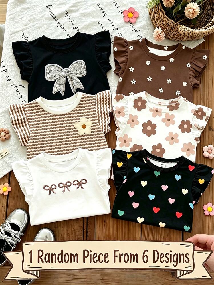 SHEIN 女嬰甜美可愛水果花卉愛心圖案印花荷葉袖上衣，適合夏季休閒簡約日常穿著生日黑色 - 彩色 - 查看 1
