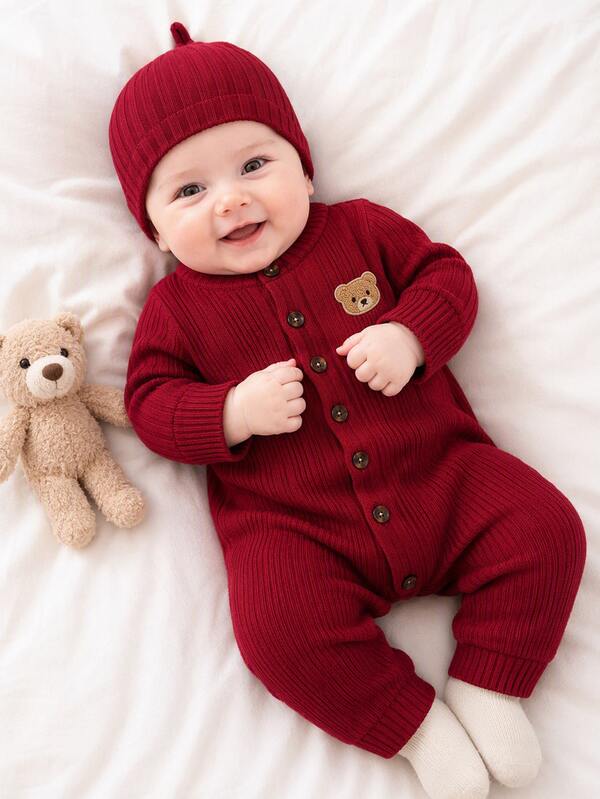 SHEIN 2pcs Baby Boys Solid Color Jumpsuit Soft Plush Cute Casual Family Matching Style Suitable For Autumn/Winter Outdoor Play Vacation Daily Wear Red Fall
