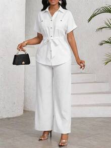 SHEIN Lady 女士休闲、办公、通勤简约纯色短袖衬衫和阔腿裤两件套，春夏款 - 白色 - 查看 3