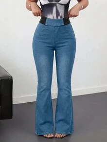 SHEIN 青少年女孩秋冬復古藍色針織丹寧彈性緊身喇叭褲 女孩牛仔女牛仔裝 - 藍色 - 查看 5