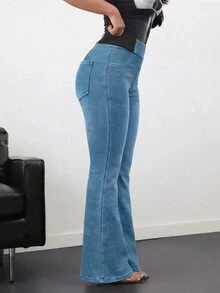 SHEIN 青少年女孩秋冬復古藍色針織丹寧彈性緊身喇叭褲 女孩牛仔女牛仔裝 - 藍色 - 查看 4