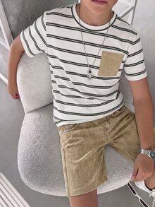 2件組兒童青少年男孩休閒百搭舒適圓領寬鬆短袖針織T恤與短褲套裝，適用小學、中學，校服風格 - 彩色 - 查看 1