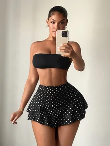 SHEIN SXY Women's Summer Sexy High Waist Ruffle Hem Skort, Polka Dot, Country Concert , Sports , Casual, Going Out - Black and White - View 5