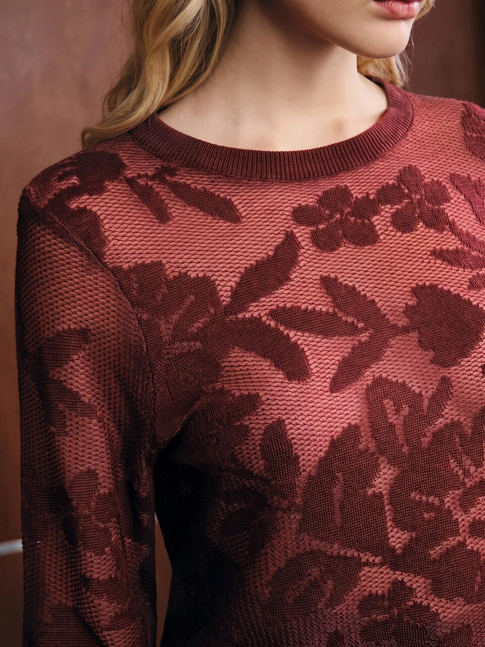 Autumn Black Elegant Long Sleeve Women's Sweater Round Neck Sheer Hollow Organza Jacquard Knit Top