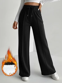 SHEIN Tall Solid Drawstring Waist Wide Leg Sweatpants - Black - View 7