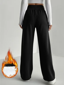 SHEIN Tall Solid Drawstring Waist Wide Leg Sweatpants - Black - View 2