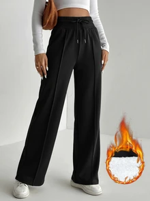 SHEIN Tall Solid Drawstring Waist Wide Leg Sweatpants - Black - View 6