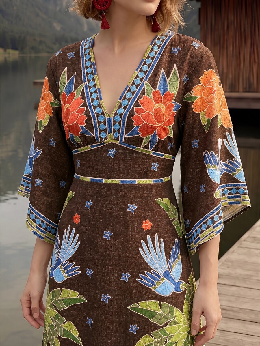 CAJUNI Women's Fashion Vacation Floral Palm Tree Embroidered Dress For Beach - Mocha Brown - View 1