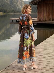 CAJUNI 女款時尚度假花卉棕櫚樹刺繡沙灘洋裝 - 摩卡棕 - 查看 2