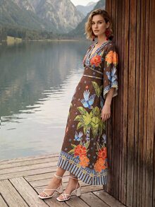 CAJUNI 女款時尚度假花卉棕櫚樹刺繡沙灘洋裝 - 摩卡棕 - 查看 1