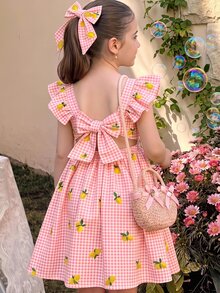 SHEIN 少女黃色格紋檸檬印花度假風可愛洋裝 - 粉色 - 查看 5