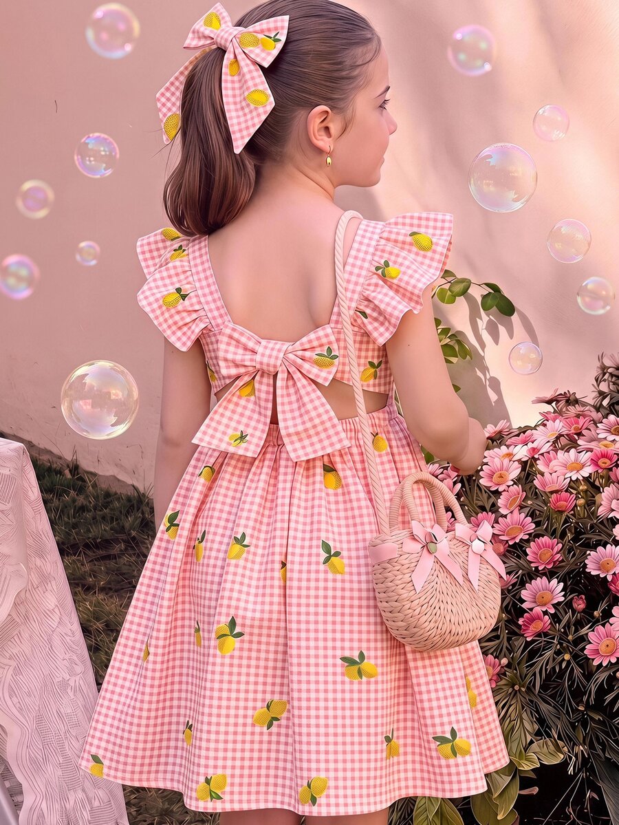 SHEIN 少女黃色格紋檸檬印花度假風可愛洋裝