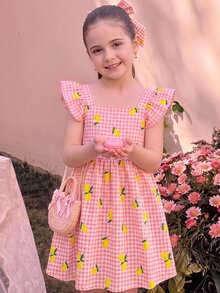 SHEIN 少女黃色格紋檸檬印花度假風可愛洋裝 - 粉色 - 查看 3