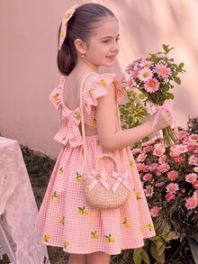 SHEIN 少女黃色格紋檸檬印花度假風可愛洋裝 - 粉色 - 查看 4