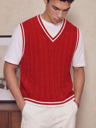 FROVYX Men's Casual Everyday Graduation Contrast Stripe Trim Knitted Sweater Vest, For Autumn, Back-To-School Red And White Striped