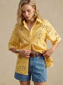Daynim ALIAO Spring/Summer Yellow Embroidered Hollow Out Shirt 2 Pieces Set, Vintage Court Style, Beach Vacation & Daily Wear Elegant - Yellow - View 1