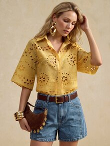 Daynim ALIAO Spring/Summer Yellow Embroidered Hollow Out Shirt 2 Pieces Set, Vintage Court Style, Beach Vacation & Daily Wear Elegant - Yellow - View 5