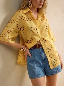 Daynim ALIAO Spring/Summer Yellow Embroidered Hollow Out Shirt 2 Pieces Set, Vintage Court Style, Beach Vacation & Daily Wear Elegant - Yellow - View 4