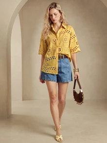 Daynim ALIAO Spring/Summer Yellow Embroidered Hollow Out Shirt 2 Pieces Set, Vintage Court Style, Beach Vacation & Daily Wear Elegant - Yellow - View 6
