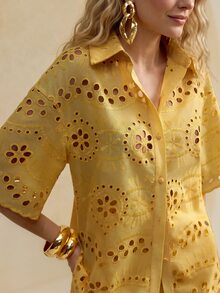 Daynim ALIAO Spring/Summer Yellow Embroidered Hollow Out Shirt 2 Pieces Set, Vintage Court Style, Beach Vacation & Daily Wear Elegant - Yellow - View 3