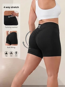 SHEIN Unity Plus Size Women Letter Print Casual Alternative Daily Outdoor Sports Shorts Gym Black Summer - Black - View 1