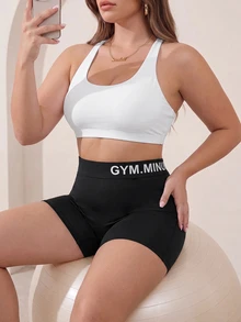 SHEIN Unity Plus Size Women Letter Print Casual Alternative Daily Outdoor Sports Shorts Gym Black Summer - Black - View 4