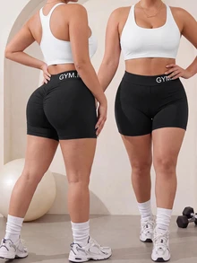 SHEIN Unity Plus Size Women Letter Print Casual Alternative Daily Outdoor Sports Shorts Gym Black Summer - Black - View 2