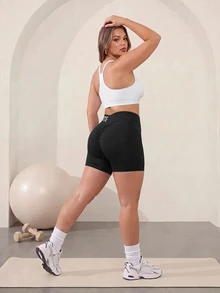 SHEIN Unity Plus Size Women Letter Print Casual Alternative Daily Outdoor Sports Shorts Gym Black Summer - Black - View 5