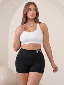 SHEIN Unity Plus Size Women Letter Print Casual Alternative Daily Outdoor Sports Shorts Gym Black Summer - Black - View 6