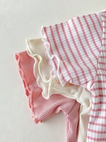 SHEIN 6pcs Baby Girl Blue And White Stripe,Summer,Casual,Cute,Family Matching Striped Apricot,White,Pink Crew Neck Short Sleeve Top And Elastic Shorts Set - Multicolor - View 5