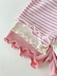 SHEIN 6pcs Baby Girl Blue And White Stripe,Summer,Casual,Cute,Family Matching Striped Apricot,White,Pink Crew Neck Short Sleeve Top And Elastic Shorts Set - Multicolor - View 7