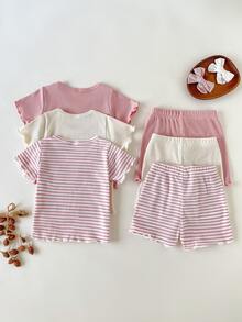 SHEIN 6pcs Baby Girl Blue And White Stripe,Summer,Casual,Cute,Family Matching Striped Apricot,White,Pink Crew Neck Short Sleeve Top And Elastic Shorts Set - Multicolor - View 2