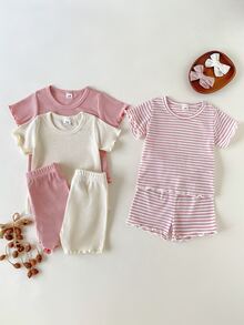 SHEIN 6pcs Baby Girl Blue And White Stripe,Summer,Casual,Cute,Family Matching Striped Apricot,White,Pink Crew Neck Short Sleeve Top And Elastic Shorts Set - Multicolor - View 4