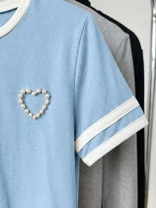 SHEIN 青少年女孩春夏季卡其色針織圓領寬鬆心形圖案串珠優雅百搭簡約舒適上衣T恤 - 藍色 - 查看 3
