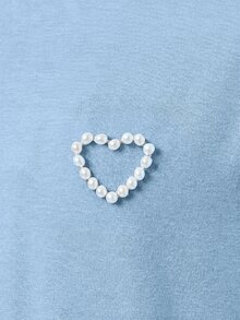 SHEIN 青少年女孩春夏季卡其色針織圓領寬鬆心形圖案串珠優雅百搭簡約舒適上衣T恤 - 藍色 - 查看 5