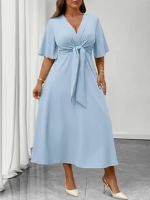 Elenzga Plus Size Women's Elegant Daily Wear V-Neck Ruffle Short Sleeve Tie-Waist A-Line Maxi Dress - Blue - View 4