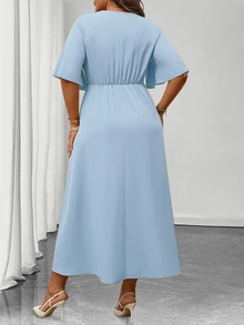 Elenzga Plus Size Women's Elegant Daily Wear V-Neck Ruffle Short Sleeve Tie-Waist A-Line Maxi Dress - Blue - View 2