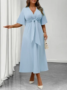Elenzga Plus Size Women's Elegant Daily Wear V-Neck Ruffle Short Sleeve Tie-Waist A-Line Maxi Dress - Blue - View 3