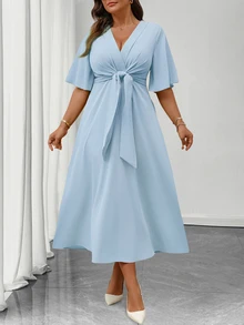 Elenzga Plus Size Women's Elegant Daily Wear V-Neck Ruffle Short Sleeve Tie-Waist A-Line Maxi Dress - Blue - View 7