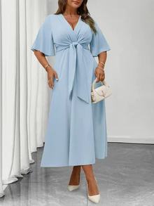 Elenzga Plus Size Women's Elegant Daily Wear V-Neck Ruffle Short Sleeve Tie-Waist A-Line Maxi Dress - Blue - View 6