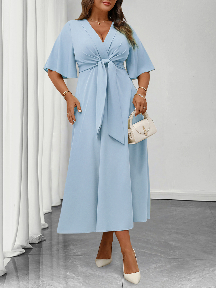Elenzga Plus Size Women's Elegant Daily Wear V-Neck Ruffle Short Sleeve Tie-Waist A-Line Maxi Dress - Blue - View 6