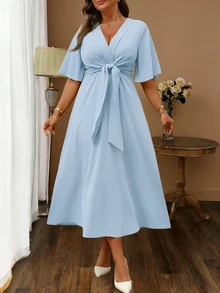Elenzga Plus Size Women's Elegant Daily Wear V-Neck Ruffle Short Sleeve Tie-Waist A-Line Maxi Dress - Blue - View 1