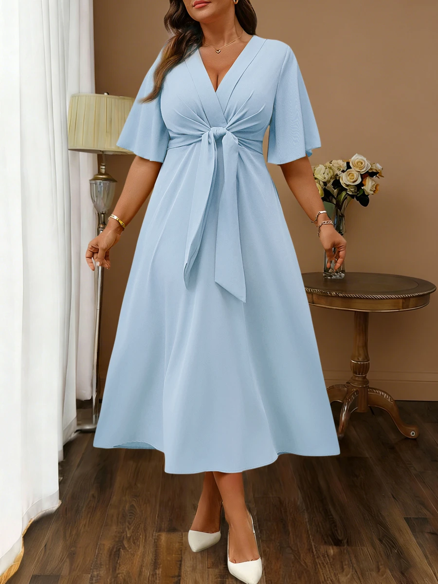 Elenzga Plus Size Women's Elegant Daily Wear V-Neck Ruffle Short Sleeve Tie-Waist A-Line Maxi Dress - Blue - View 1