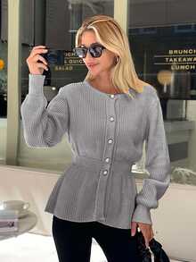 EURMUSE Women Solid Color Front Button Round Neck Cardigan,Cardigans,Long Cardigans Woman,Petite,Tall - Light Grey - View 6