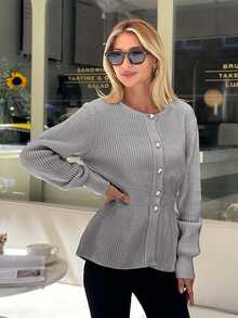 EURMUSE Women Solid Color Front Button Round Neck Cardigan,Cardigans,Long Cardigans Woman,Petite,Tall - Light Grey - View 3