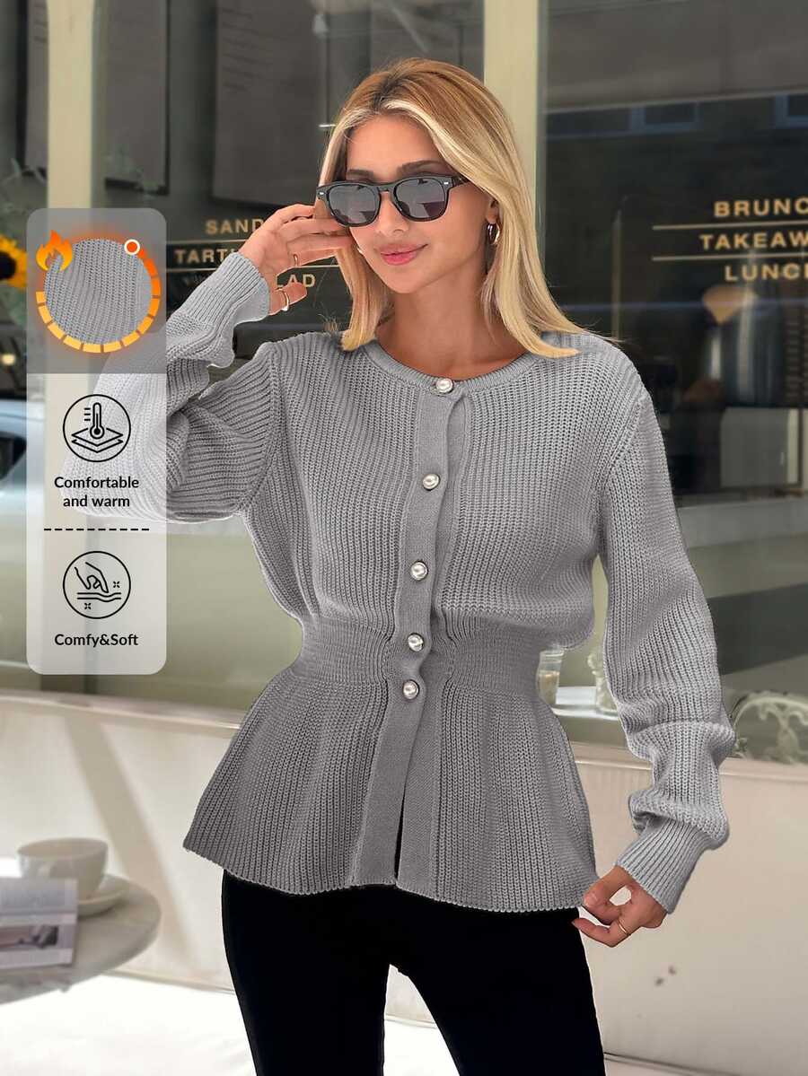 EURMUSE Women Solid Color Front Button Round Neck Cardigan,Cardigans,Long Cardigans Woman,Petite,Tall - Light Grey - View 1