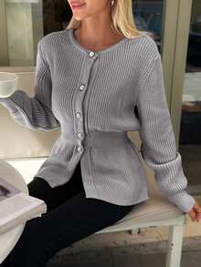 EURMUSE Women Solid Color Front Button Round Neck Cardigan,Cardigans,Long Cardigans Woman,Petite,Tall - Light Grey - View 2